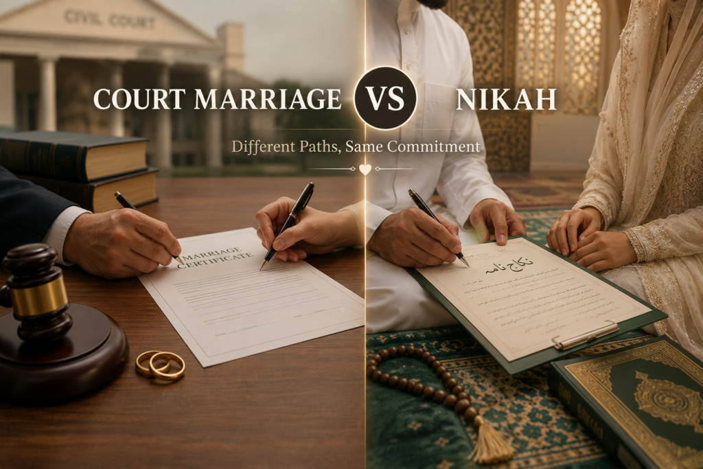 Court Marriage vs Nikah, concept image showing a couple signing a civil marriage certificate in a courtroom on one side and a Nikah contract during an Islamic marriage ceremony on the other, highlighting the difference between legal and religious marriage in Pakistan.