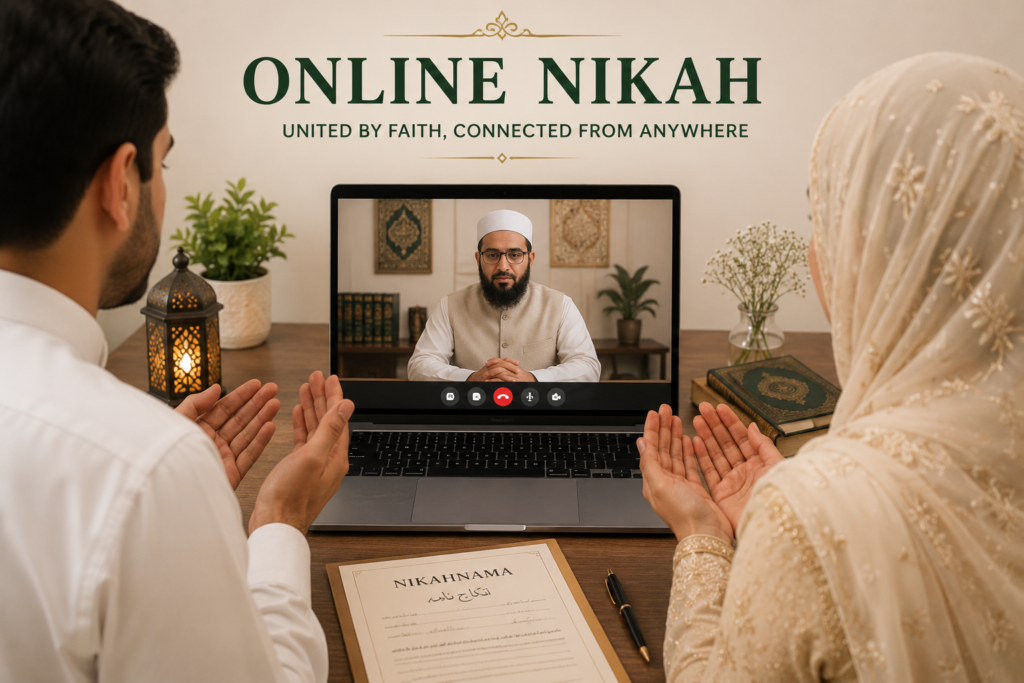 Couple completing an online Nikah ceremony through a video call with an Islamic officiant.