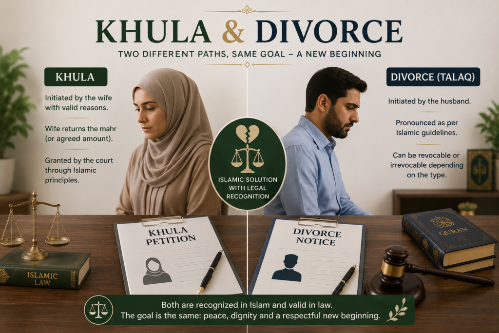 Concept image representing Khula and Divorce in Pakistan with legal documents and Islamic symbols.