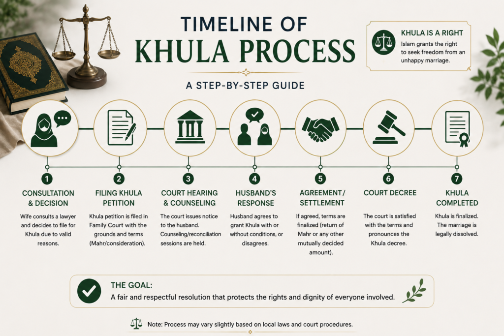 Timeline illustrating the step-by-step Khula process in Pakistan from filing the petition to the court decree.