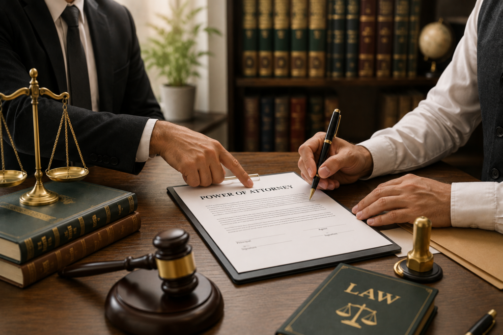 Client signing a Power of Attorney document with guidance from a lawyer in a professional law office.