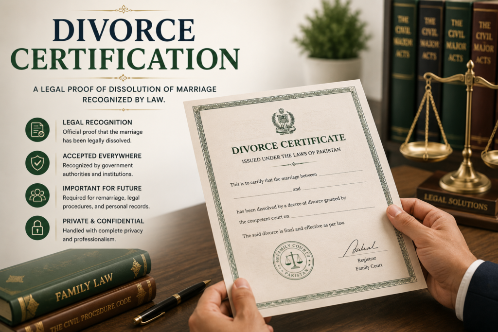 Official divorce certificate issued by a Family Court with legal documents and justice symbols.