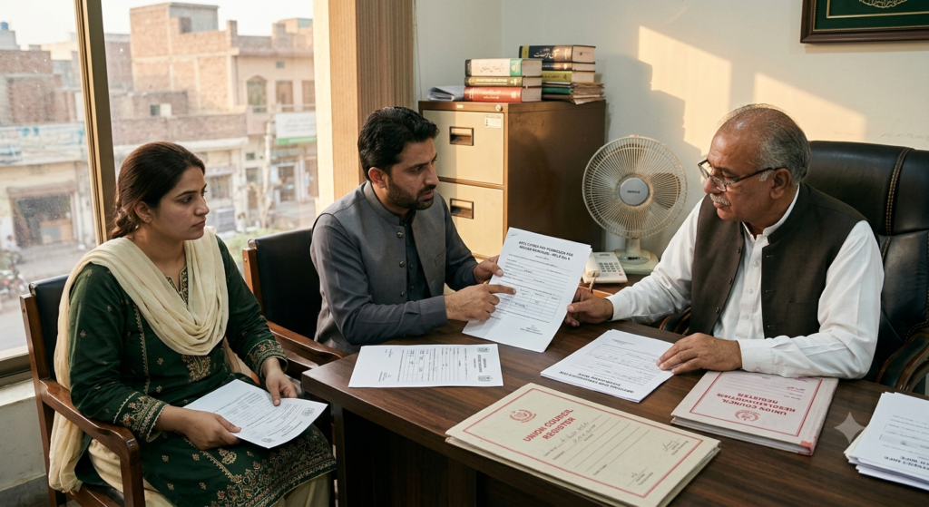 A Pakistani husband and his first wife sitting in a local Union Council office,