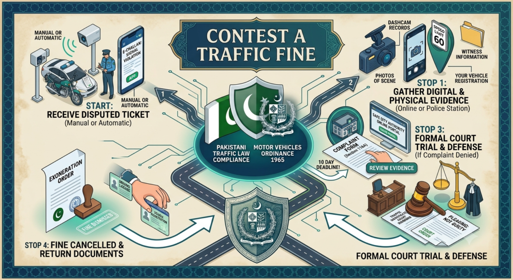 An isometric legal infographic flowchart detailing how to contest a traffic fine in Pakistan, showing four numbered steps along a winding road, including receiving a disputed ticket, gathering evidence (dashcam, photos), filing complaints at police stations or online, and a formal court trial before a magistrate under the Motor Vehicles Ordinance 1965.