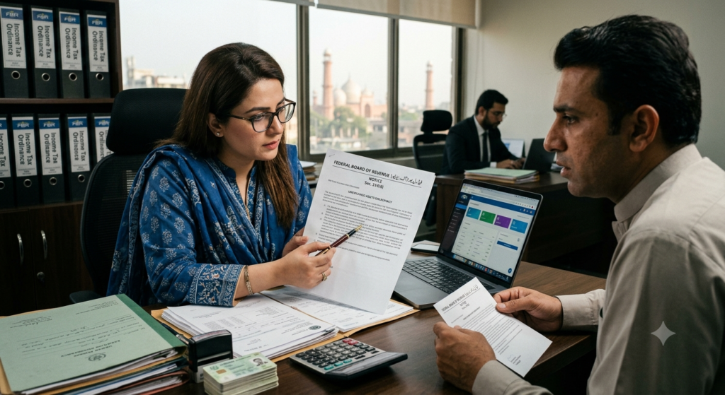 A tax consultant and a client reviewing an official FBR tax notice with an open laptop displaying the FBR IRIS 2.0 portal desk setup.