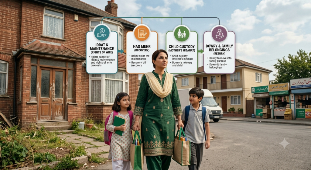 A strong Pakistani mother walking down a street with her two children, overlaid with an infographic highlighting a divorced wife's legal rights in Pakistan: Iddat Maintenance, Haq Mehr, Child Custody, and Return of Dowry.