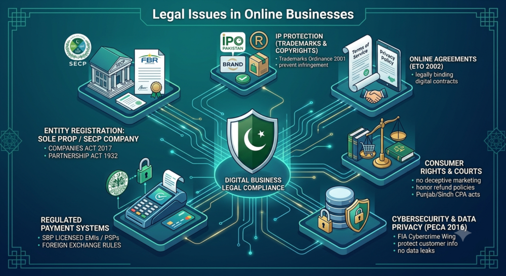 An isometric flowchart illustration detailing legal compliance for online businesses in Pakistan, highlighting SECP business registration, IPO trademark protection, ETO 2002 digital contracts, consumer rights, PECA 2016 data privacy, and SBP-regulated payment systems.