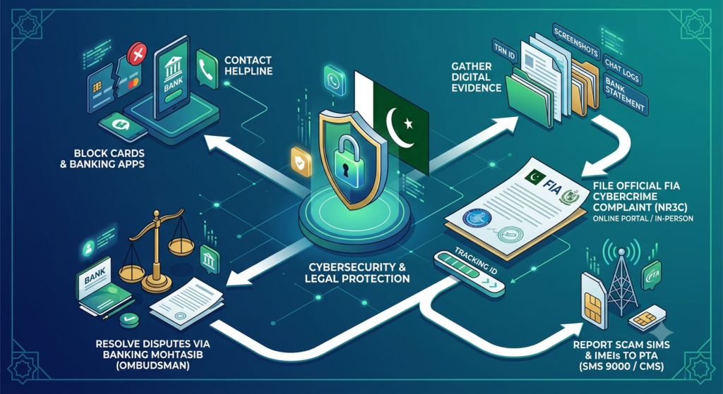 An isometric flowchart illustration for Pakistan, detailing steps to report online fraud: contacting helplines, gathering digital evidence, filing a complaint with the FIA NR3C, reporting to PTA, and resolving disputes via the Banking Mohtasib, with a central "Cybersecurity & Legal Protection" shield.