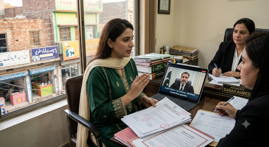 A Pakistani woman in a green outfit presenting her certified legal documents to a lawyer during a live E-Court video testimony session with a Pakistani family judge on a tablet screen, symbolizing a remote Khula process.