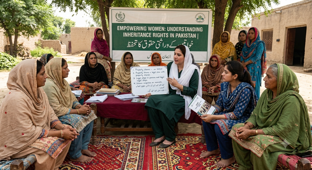 A female legal educator leading an outdoor community awareness session about women's inheritance rights with a group of local women in a rural Pakistani village.
