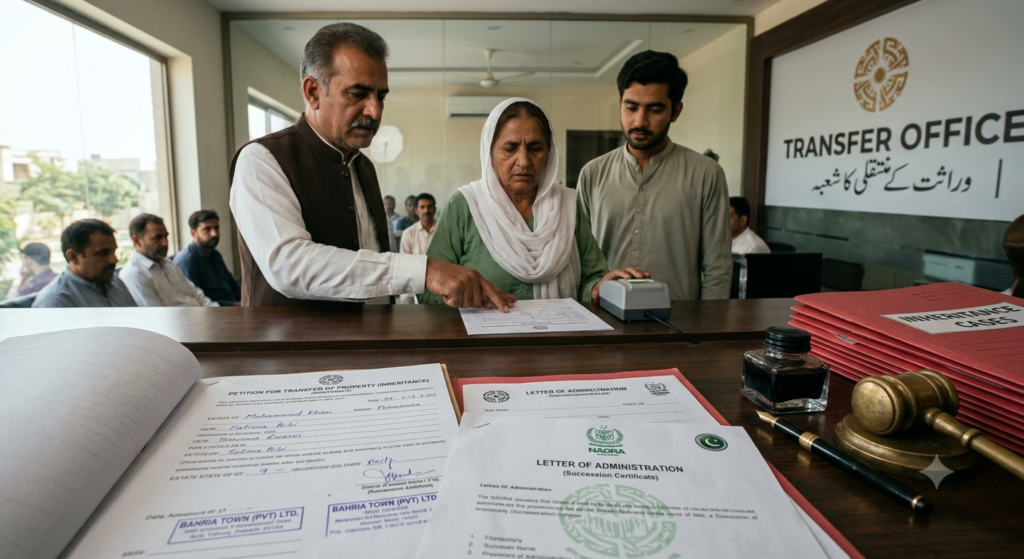 A NADRA facilitation desk and property transfer office in Pakistan showing legal inheritance paperwork, a biometric fingerprint scanner, and official stamps on a wooden counter.