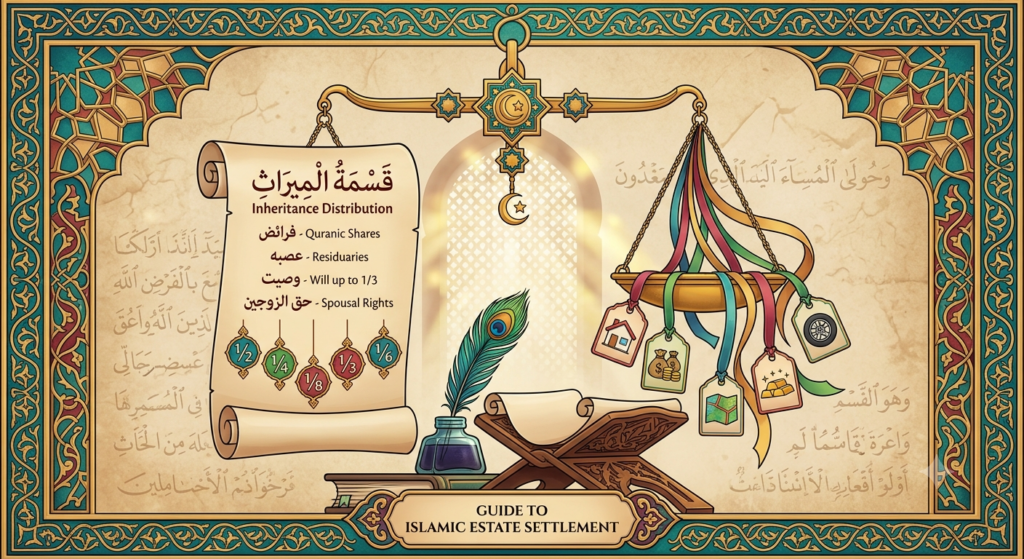 An Islamic art vector illustration featuring a scroll listing inheritance concepts in English and Arabic alongside a scale of justice holding asset icons like land, housing, and savings, framed by traditional geometric patterns.
