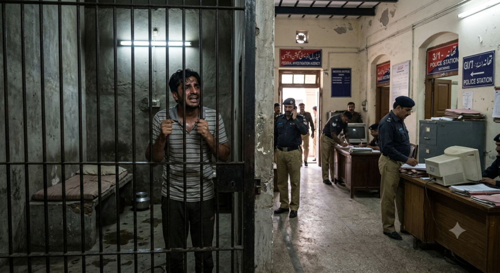 A distressed man gripping the metal bars of a lockup cell inside a Pakistani police station while police officers work at desks nearby.