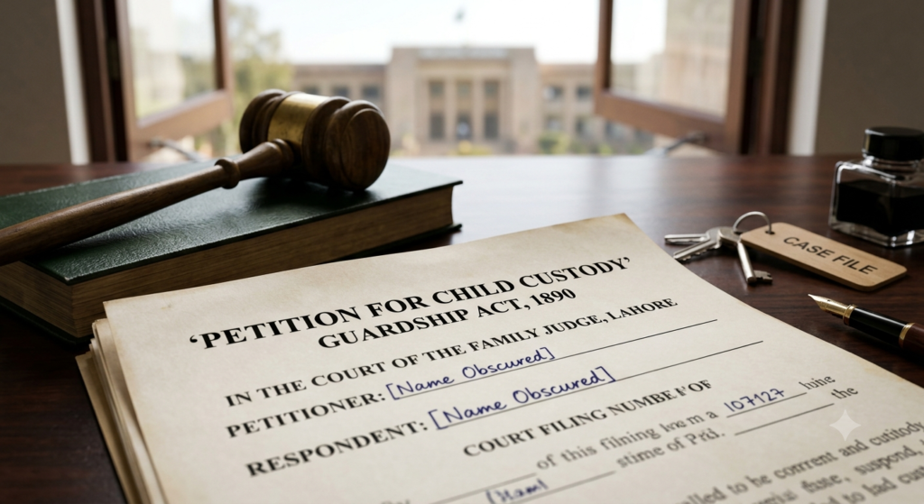 A formal legal document titled 'Petition for Child Custody' resting on a wooden desk next to a judge's gavel and a fountain pen, with a Pakistani court building visible through an open window in the background.