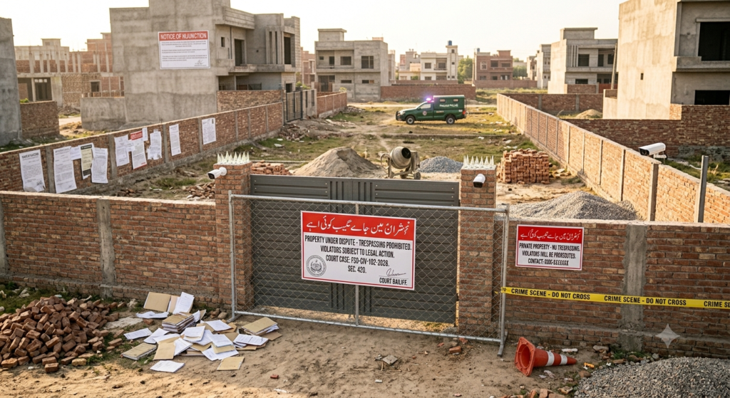 An empty, disputed plot of land in Pakistan surrounded by brick boundary walls, a locked metal gate, and a chain-link fence.