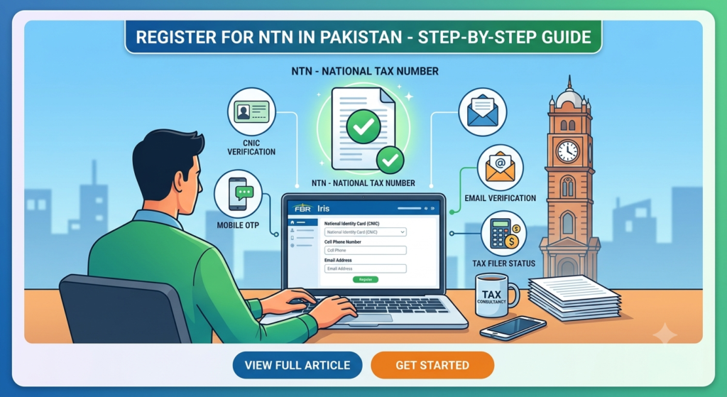 Infographic showing the step-by-step process for online NTN registration in Pakistan via the FBR Iris portal. A user sits at a laptop surrounded by icons representing CNIC verification, Mobile OTP, Email Verification, and Tax Filer Status. A headline reads 'Register for NTN in Pakistan - Step-by-Step Guide'.