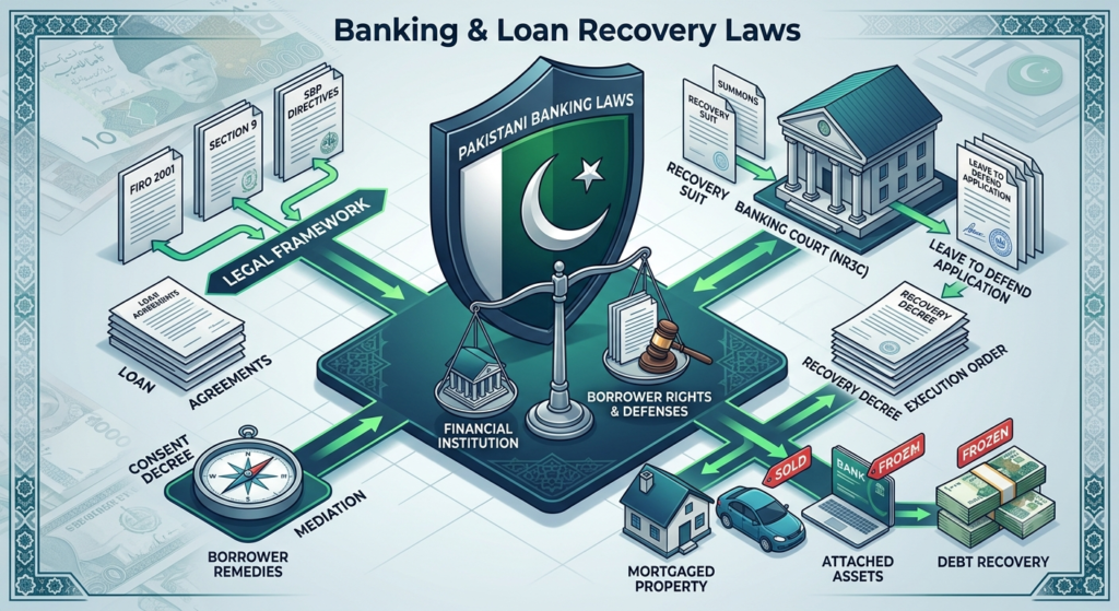 An isometric vector illustration of banking and loan recovery concepts in Pakistan, showing a balance scale weighing a bank building against legal documents, flanked by a court gavel, loan contracts, and currency symbols over a clean teal background.