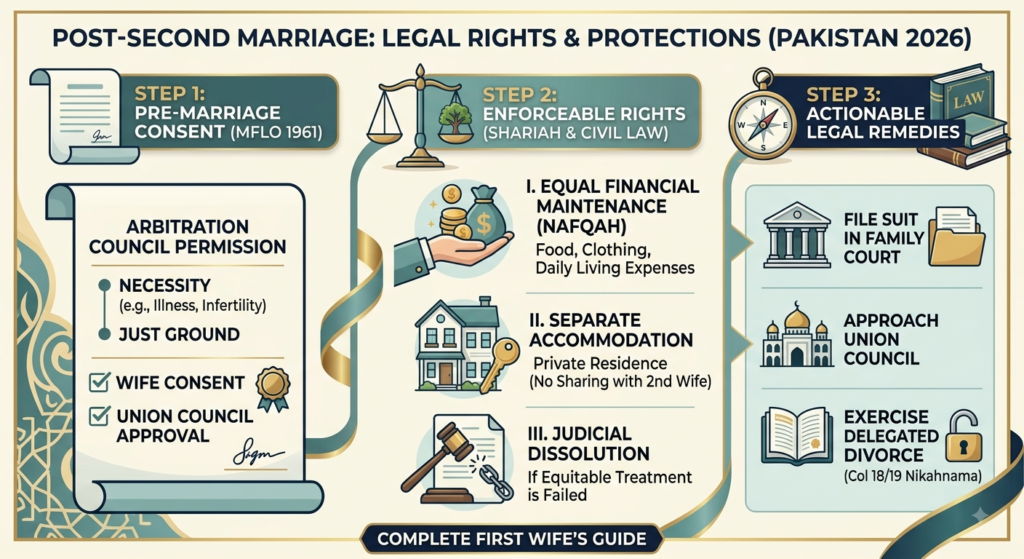 An isometric flowchart infographic detailing the legal rights of a first wife in a second marriage under Section 6 of the Muslim Family Laws Ordinance 1961 in Pakistan (2026). Designed in a deep emerald green, navy blue, and gold color palette, the diagram maps out 6 legal protections: mandatory Arbitration Council permission, criminal penalties for unauthorized second marriages, immediate dower acceleration (Prompt & Deferred Haq Mehr), right to equal maintenance (Nafqah), right to separate accommodation, and judicial dissolution of marriage