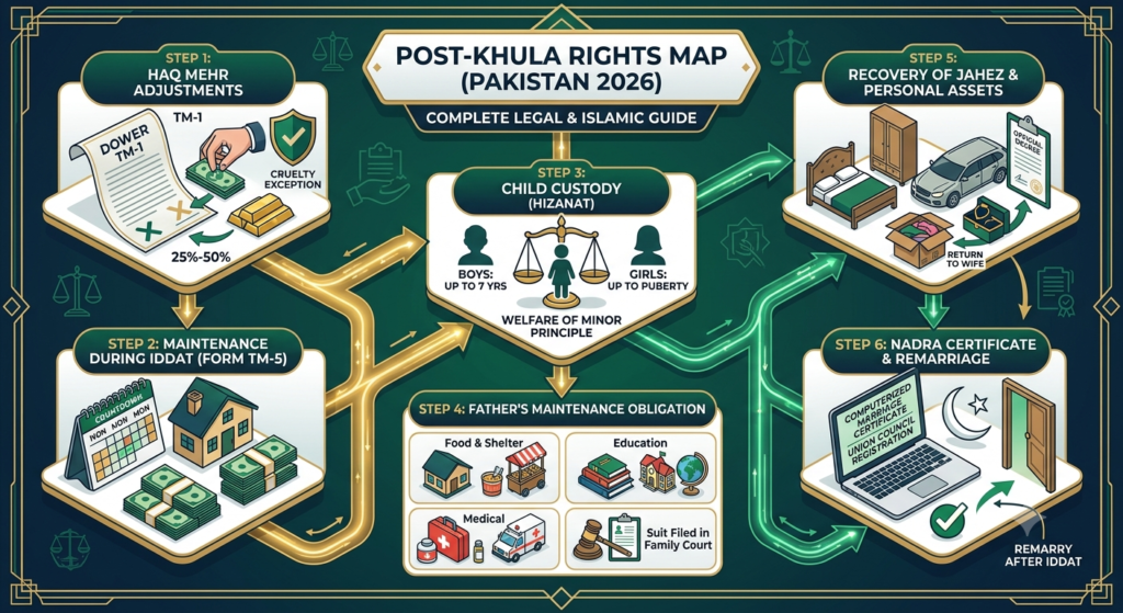 A modern flat-vector flowchart infographic mapping out a woman's legal rights after Khula in Pakistan under MFLO 1961, the Dissolution of Muslim Marriages Act 1939, and the Family Courts Act 1964. The diagram features a deep emerald green, dark navy, and gold color scheme with vector icons (scales of justice, dower documents, court decrees, and NADRA certificates) illustrating 6 key legal stages: Haq Mehr adjustments, Iddat financial maintenance, child custody (Hizanat) rules, father's child support obligations, recovery of dowry articles (Jahez), and final NADRA certificate registration.